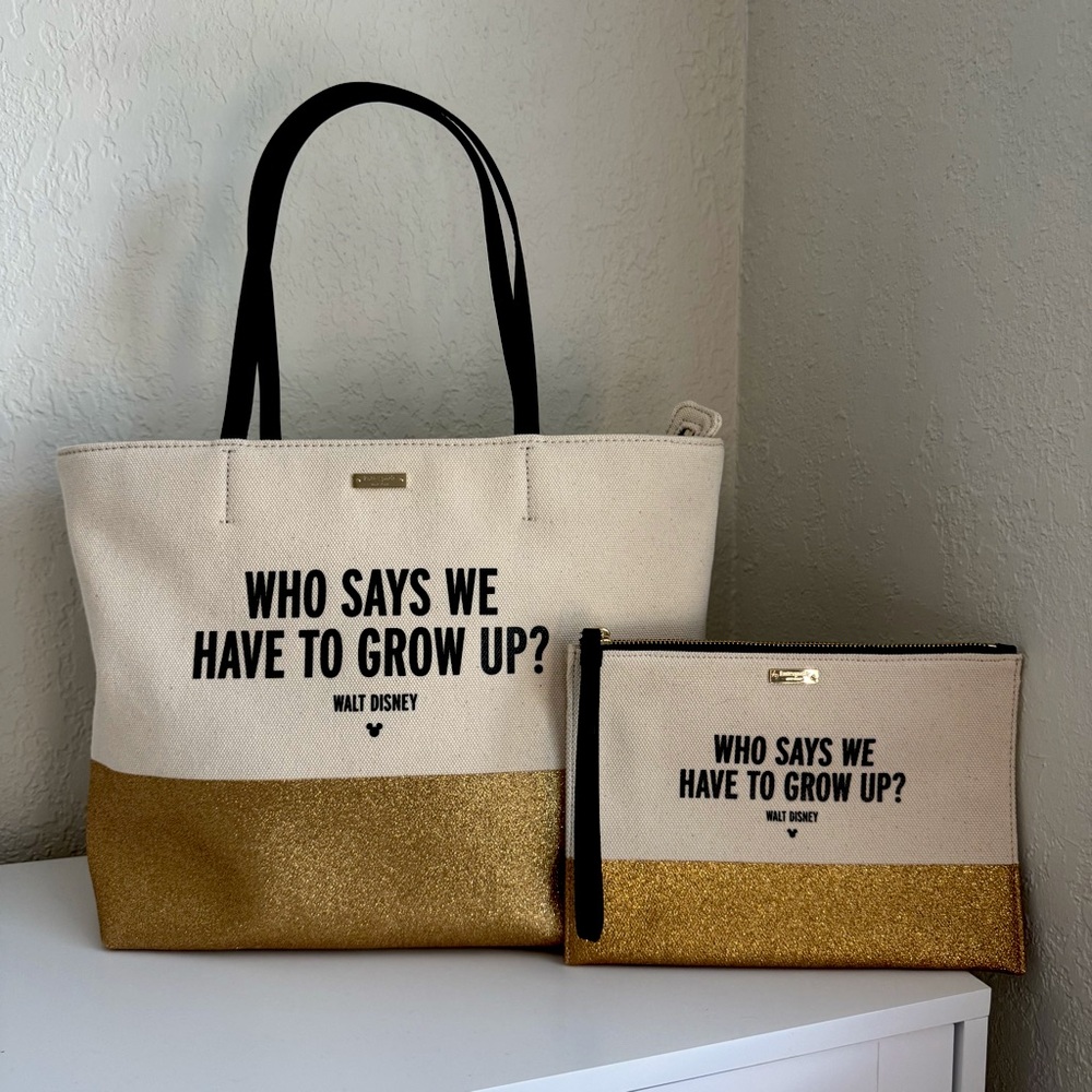 Kate Spade Walt Disney Quote Tote & Wristlet "Who Says We Have to Grow Up?"
